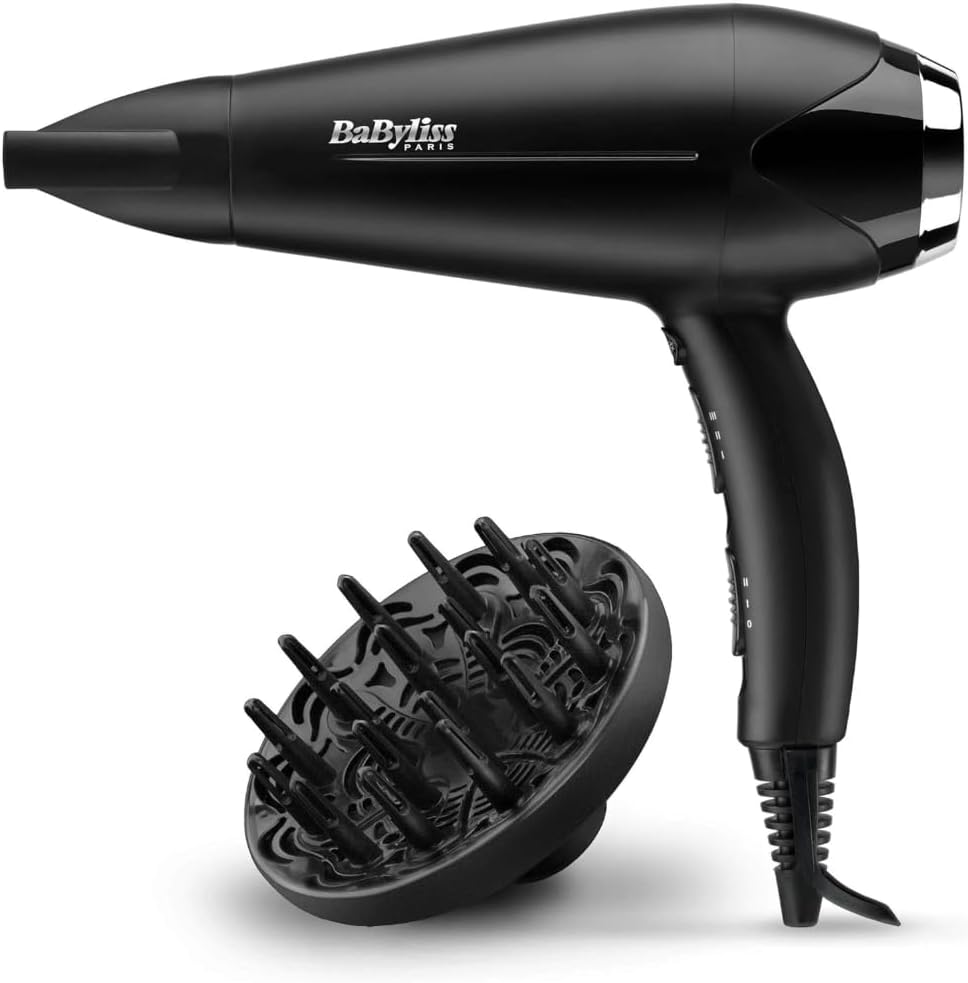 BaByliss Sèche-cheveux Turbo Smooth - Sèche-cheveux puissant de 2200W, Diffuseur large, Technologie ionique anti-frisottis, 3 réglages de température et 2 réglages de vitesse, noir, D572DE