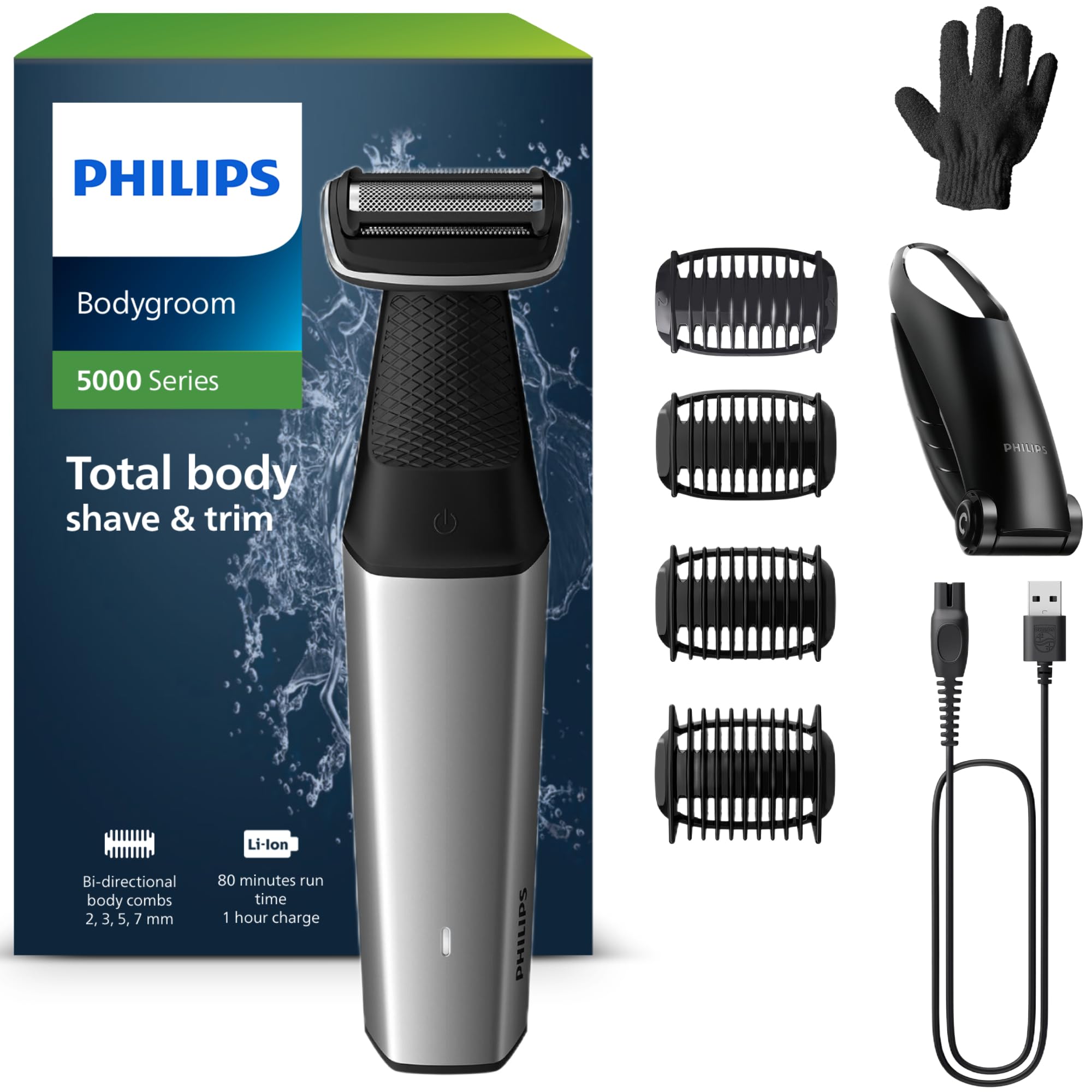 Philips Bodygroom Series 3000 - tondeuse corps et entrejambe étanche, rasage de près confortable, pour toutes les zones du corps, 50 min. Autonomie, modèle BG3017/01