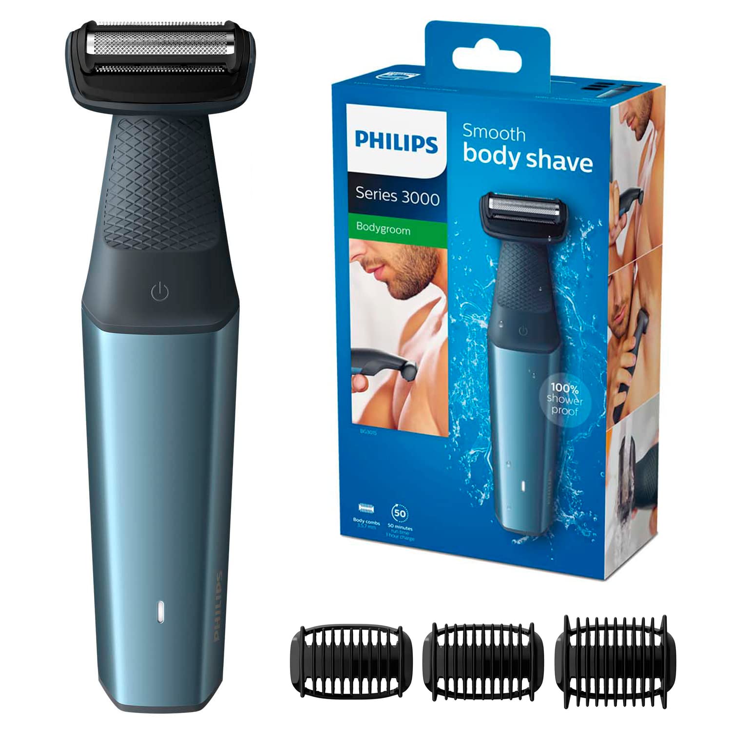 Philips Bodygroom Series 3000 - tondeuse corps et entrejambe étanche, rasage de près confortable, pour toutes les zones du corps, 50 min. Autonomie, modèle BG3017/01