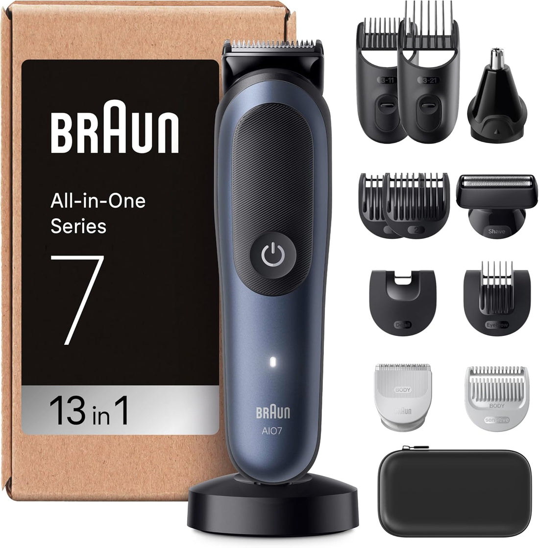 Braun Tondeuse Electrique Tout-En-Un Pour Hommes Series 7 AIO7565 Bleu, Kit 13-En-1 Avec Lame ProBlade et 7 Sabots, Coffret De Rasage Avec Accessoires, Conçue Pour Raser Barbe, Cheveux et Corps